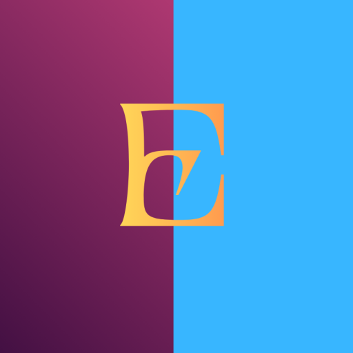 The letter E in an elvish font on a field of fuschia and light blue